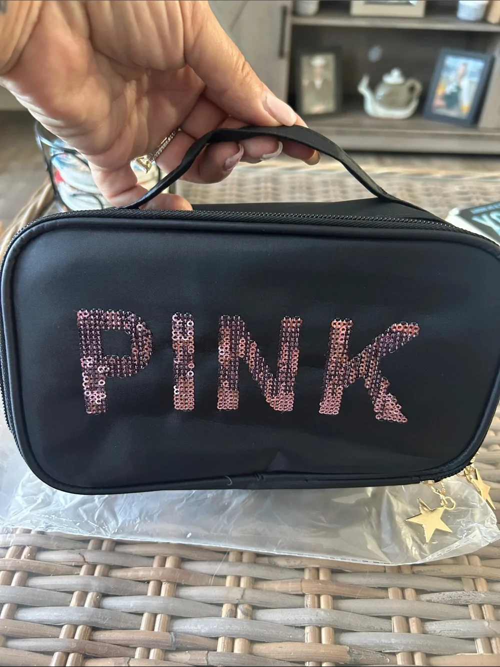 PINK Sequin Logo Black Cosmetic Case